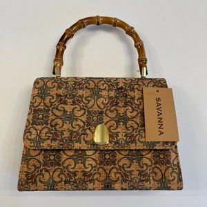 Savanna Floral Patterned Cork Satchel- Wood Handle & Gold Chain Crossbody